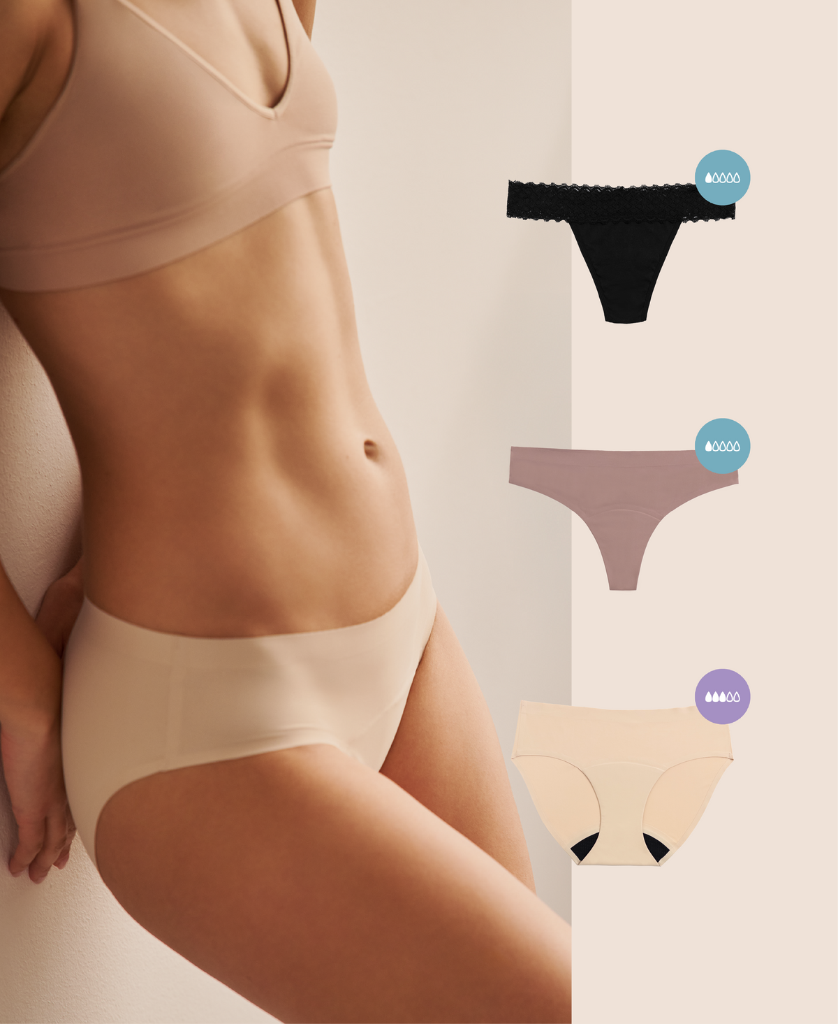 A woman wearing beige underwear leans against a wall in warm sunlight. Three product cutouts are displayed alongside: a black organic cotton period thong with light absorbency, a twilight mauve seamless leak-proof thong with light absorbency, and a beige seamless leak-proof bikini with regular absorbency.