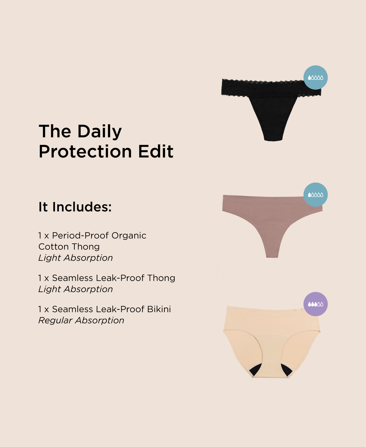 The Daily Protection Edit period-proof underwear bundle featuring an organic cotton period thong with light absorption, a seamless leak-proof thong with light absorption and a seamless leak-proof bikini with regular absorption.